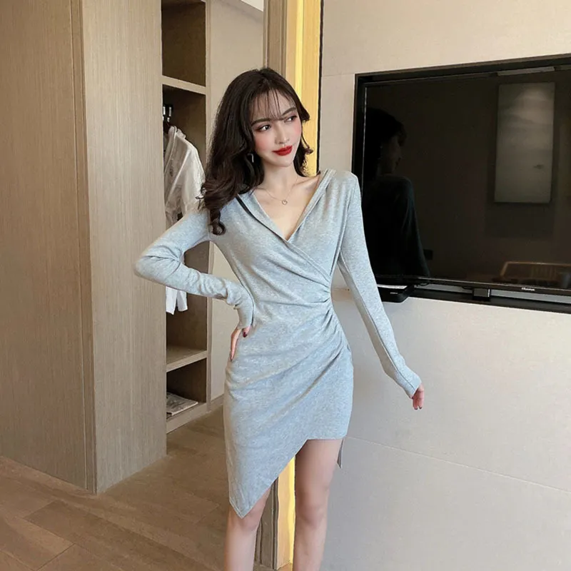 Spring Autumn Women's Dress Sexy V-neck Long-sleeved Hooded Korean Style Slimming Irregular Hem Female es GX200 210507