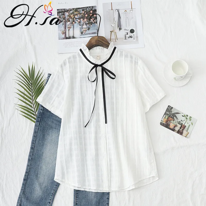 HSA Casual Blouse and Tops Stand Collar Kortärmad Söt Kawaii Blusas Cool Woman Top Bow Shirt Blusas Par Dama 210430