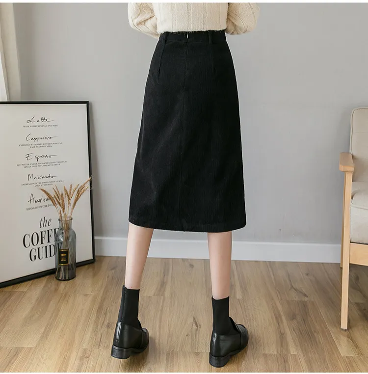 Spring High Waist Corduroy Skirt Women A-Line Streetwear Female Pockets Single-Breasted Mujer Faldas 210520