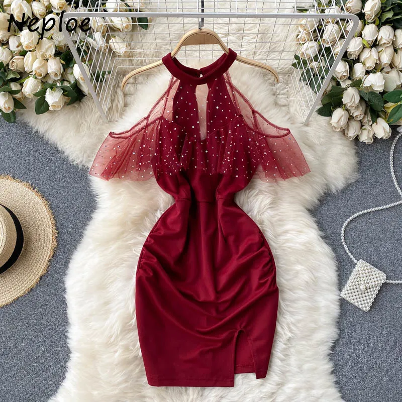 Neploe Mesh Sequined Patchwork Ruffles Party Dress Mujeres Cintura alta Hip Bodycon Vestidos Pullover manga corta Solid Robe Summer 210423