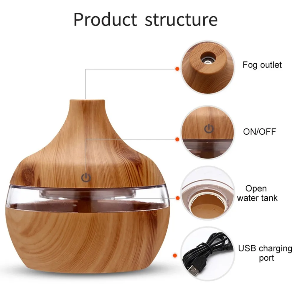 Elektrische luchtbevochtiger ABS Essentiële Aroma Olie Diffuser Ultrasone Hout Graan Room Desktop LED Licht Mist Maker