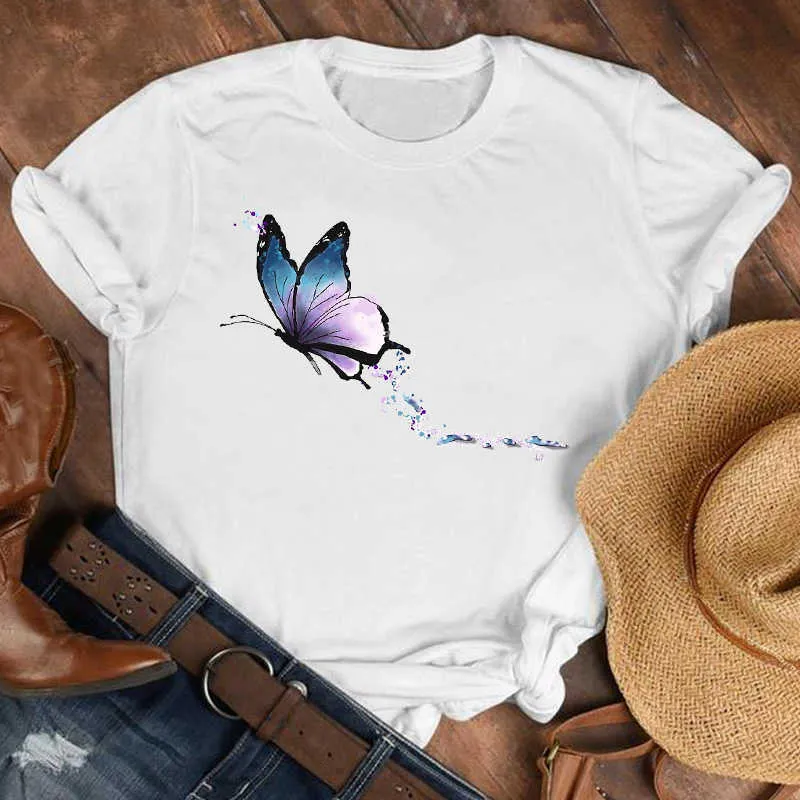 Kobiety Lady Cartoon Butterfly Kwiatowy Elegancki 2020 Spadek Jesień Koszula Ubrania Tshirt Tee Womens Top Kobieta Print T Graphic T-shirt X0527