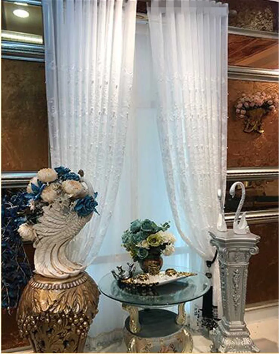 Tende Lxury bianche eleganti Tulle contengono perle ricamo perline tende finestre tenda trasparente soggiorno finito ZH040 # 5 210712