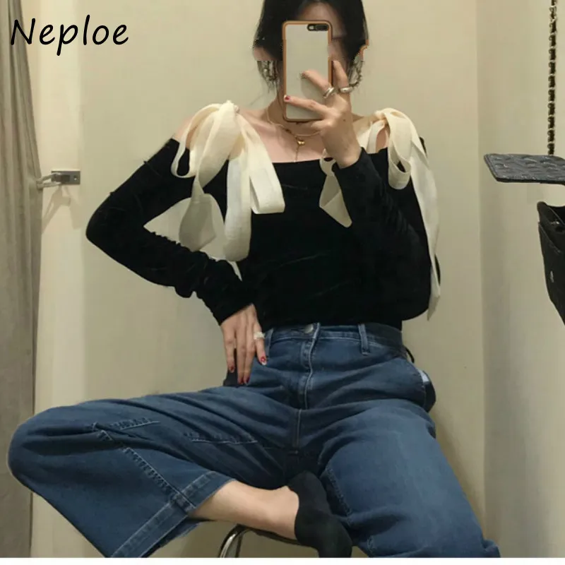 Slash Neck Strapless Shoulder Velour Blouse Women Bow Lace Up Design Slim Fit Blusas Spring Shirt Feminino 210422