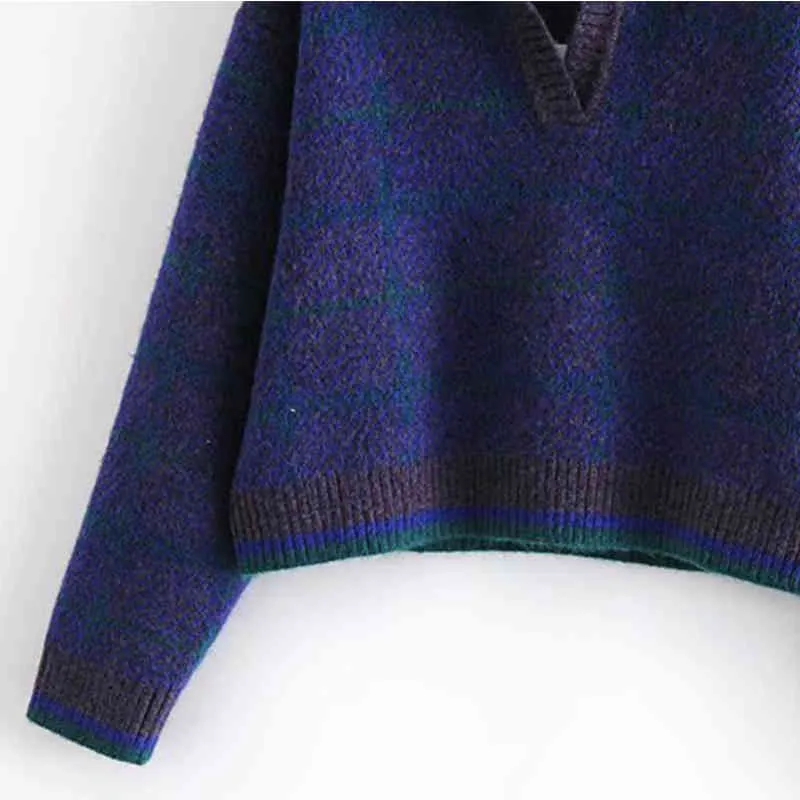 Suéteres de punto a cuadros de otoño para mujer, jerséis de manga larga, suéter de calle informal Vintage para mujer, ropa 210513