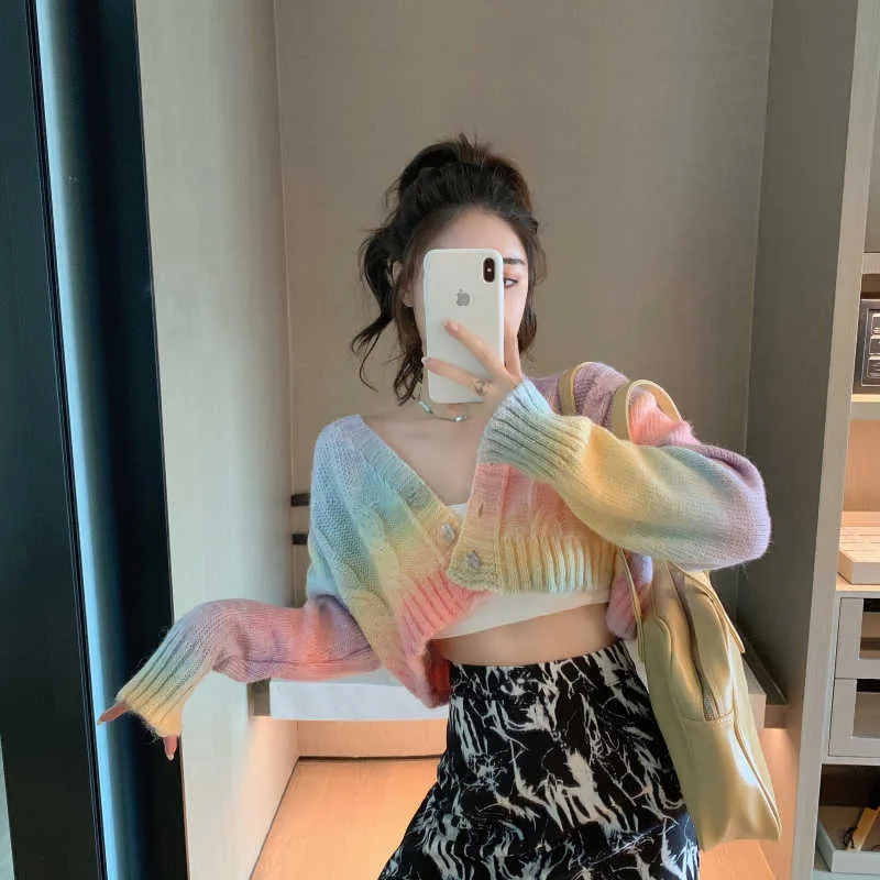 Automne tricoté Cardigan boutonné coréen mignon chandails recadrés femmes Kawaii Crop pull tricot haut Streetwear 210830