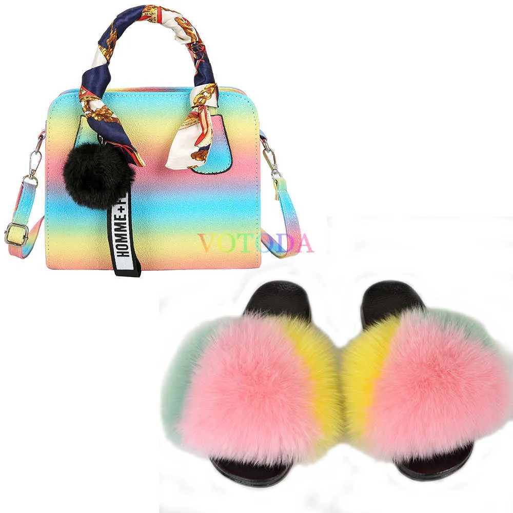 Furry Fur Slides Femmes Rainbow Sac à bandoulière Real Fox Raccoon Fur Pantoufles Jelly Purse Set Femme Fluffy Fur Slipper Sacs à main Set X0925