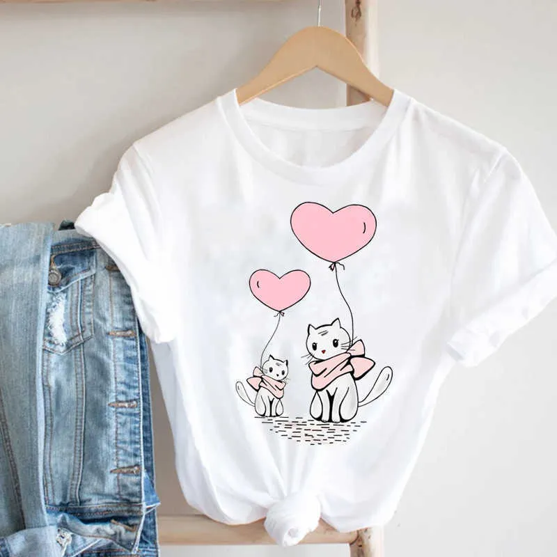 Femmes décontracté dessin animé hibou amoureux mignon saint valentin printemps été mode vêtements imprimer T-shirt haut T-shirt femme graphique T-shirt X0527