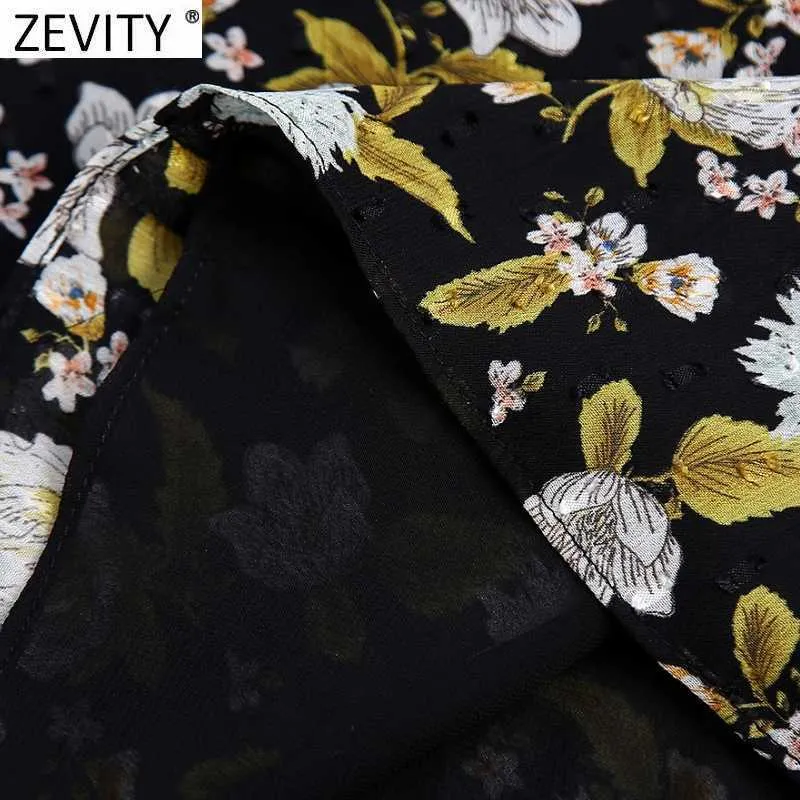 Zevity Women Vintage Stand Collar Flower Print Casual Slim Midi Dress Female Puff Sleeve Pleats Party A Line Vestido DS4670 210603