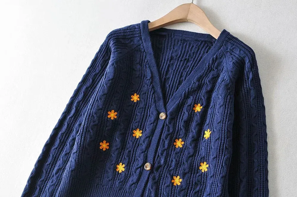 Streetwear Orange Daisy Broderi Stickad Cardigan Vintage Navy Blue Twist Sweater Punk Pull Korea Kläder Kvinnor Sticka Kardigan 210429