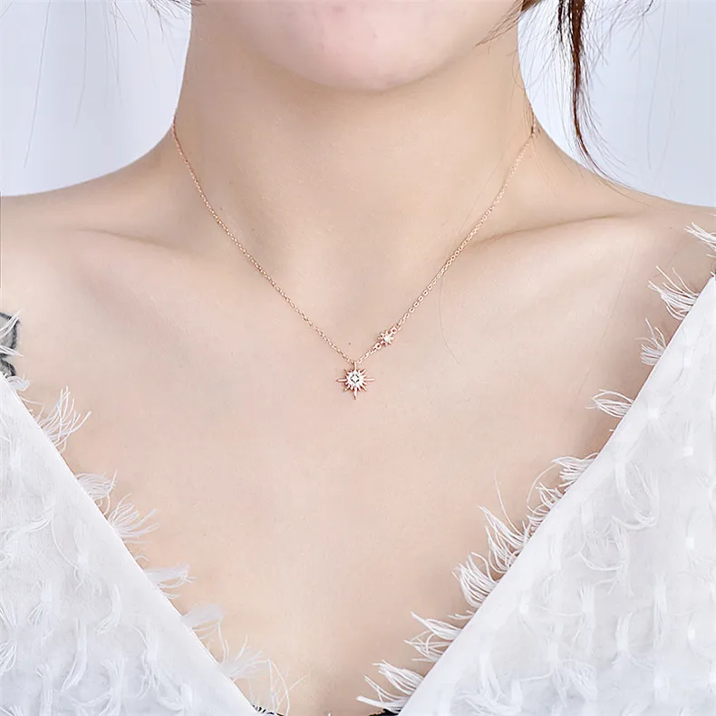 Rose Gold Platinum S925 Sterling Zilver Steentjes Choker Sunburst Korte Sierlijke Ketting Hanger voor Dames Meisje