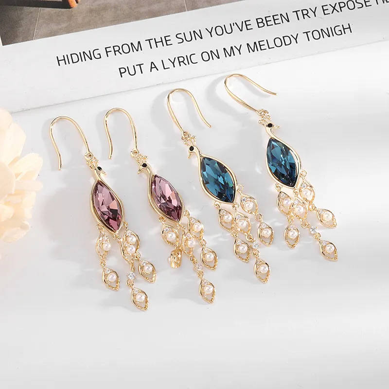 Pendiente con borla de cristal azul a la moda para mujer, diseño de marca, colgante de lujo para fiesta de boda, pendientes llamativos, joyería