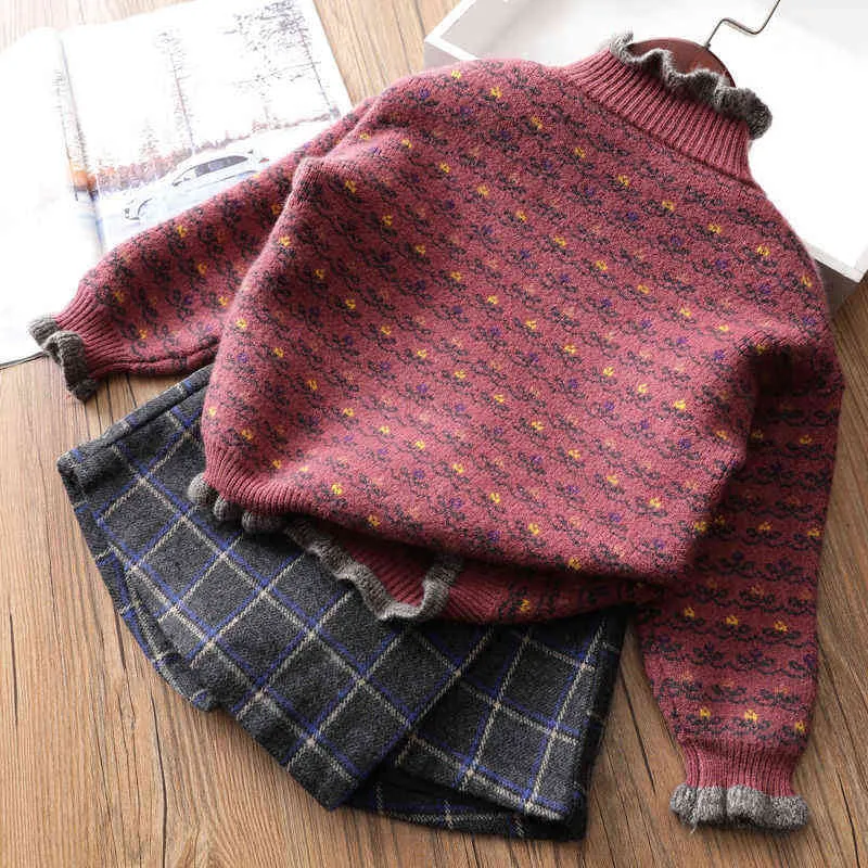 秋冬少女プルオーバーセーター子供花編み物カーディガンガールトップス衣装服10 12 14年211201