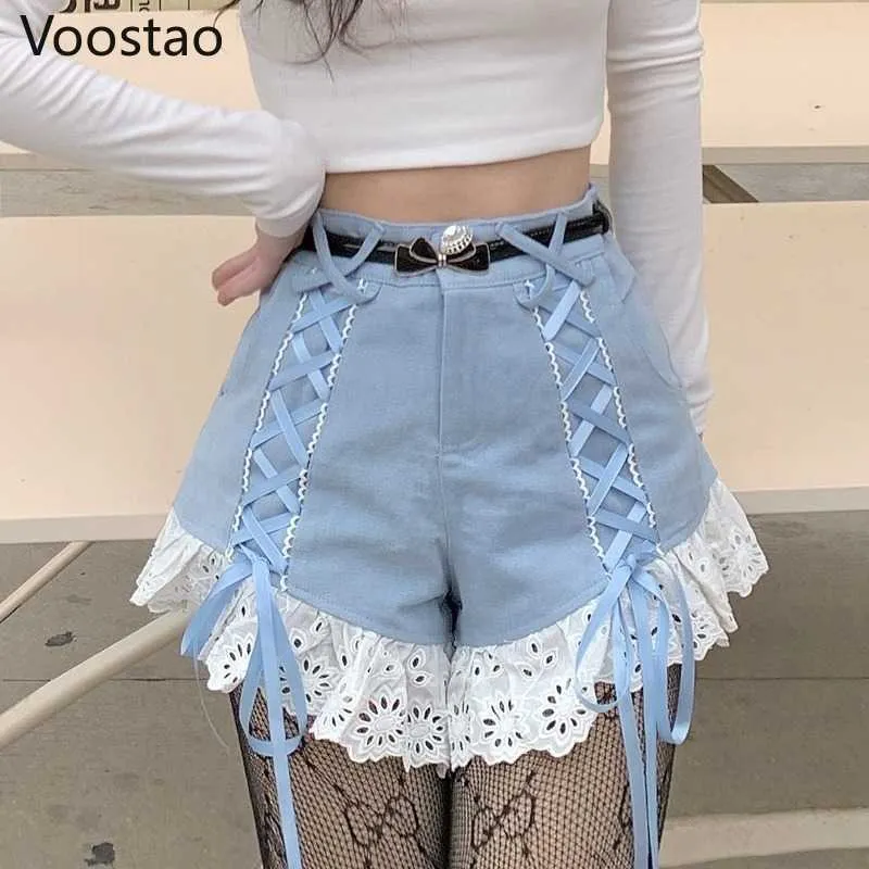 Pantaloncini stile Sweet Lolita Estate Donna Coreano Pizzo Ruffles Patchwork Fasciatura Pantaloncini a vita alta Donna Harajuku Punk Pantaloni corti 210625