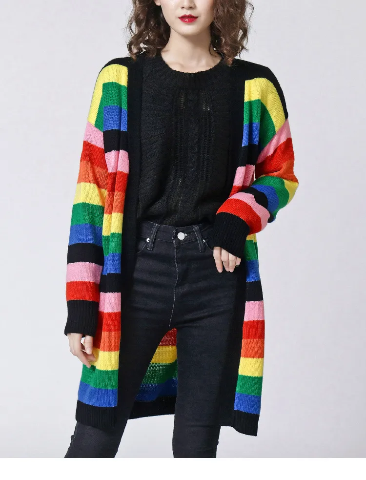 Rainbow Stripe contraste couleur pull manteau femmes printemps col en V long Cardigan tricoté femme 210427