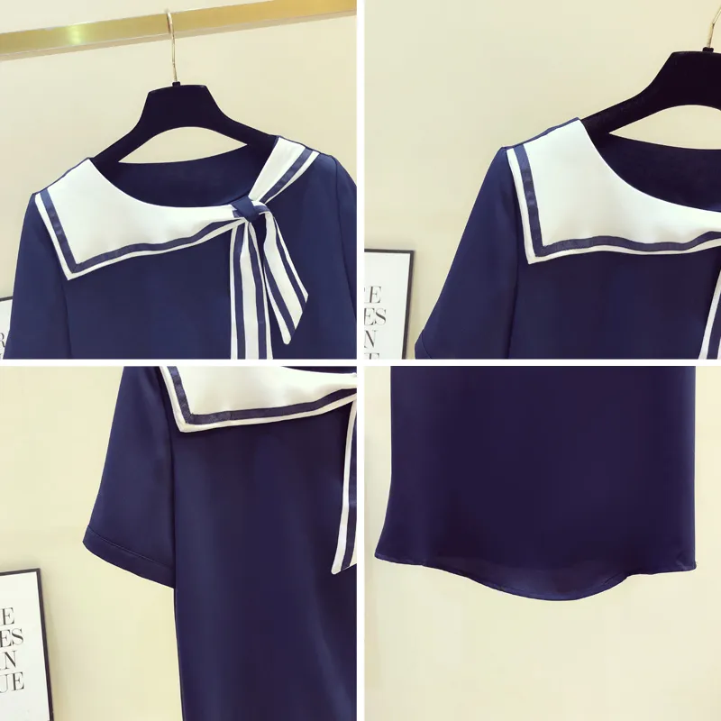 Verão Mulheres Curtas Mangas Listrado Sailor Camisa Senhoras Chiffon Shirts Blusa Tops Blusas 210428