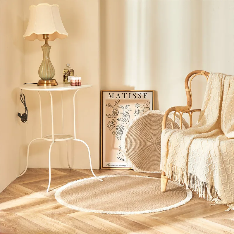 Runde gewebte Teppiche, handgefertigter Rattan-Teppich mit Quaste für Schlafzimmer, Wohnzimmer, Vintage-Heimdekoration, Fußmatten, schicke Fußmatte 220301