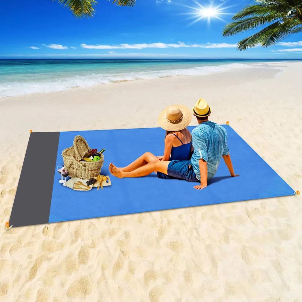 Toalhas de praia grandes, tapete anti-areia, cobertores grandes, bolso, piquenique, 4 âncoras, vento, prevenção de areia, toalha à prova de areia