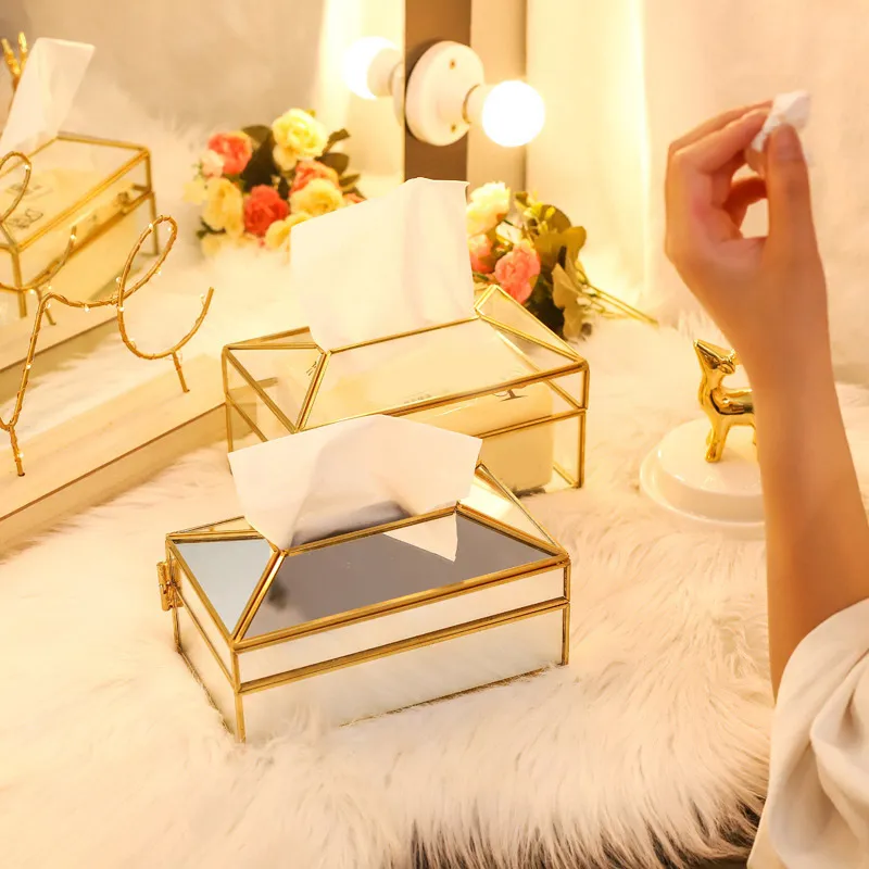 Copo de ouro de ouro europeu caixa de tecido de luxo casa sala de estar de sala de estar de maquiagem com tampa de espelho caixa de guardanapo caixa-40 210326