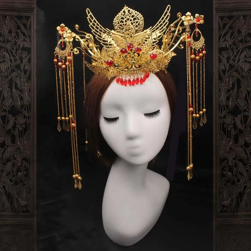 Hårklämmor Barrettes Diy Materialpaket Kinesiskt stil Bröllop Phoenix Crown Bride Headpiece Traditionell Coronet Long Tassel Ti324a