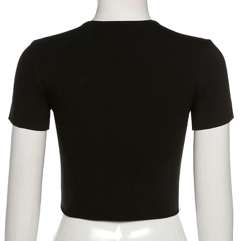 バイアスシングルブレストTシャツの女性Oネック半袖ビーズボタンスリムな服セクシーな作物トップスへそクラブウエアカジュアルサマー210517