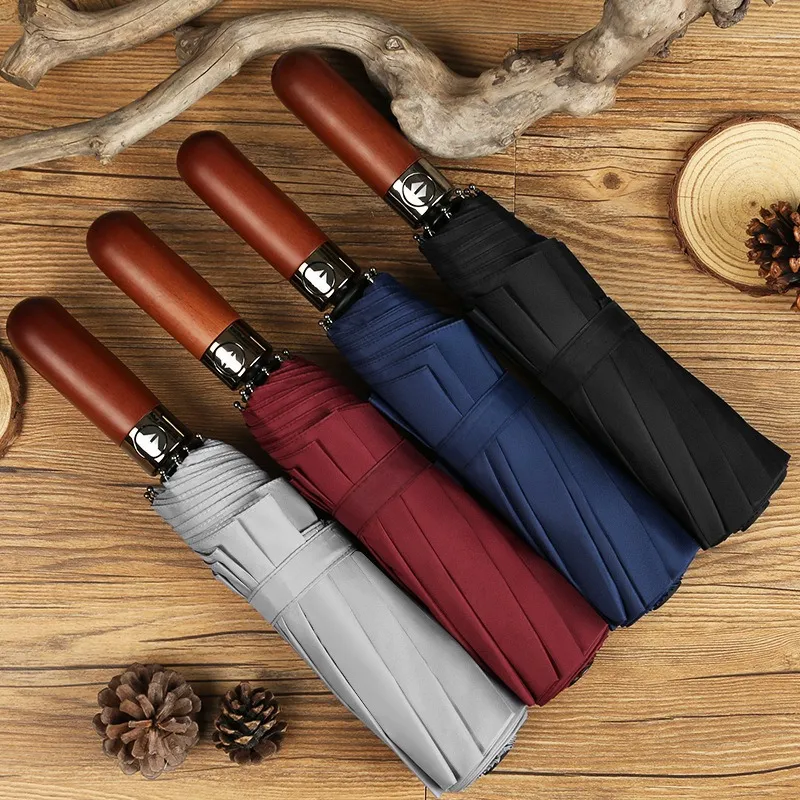 Parapluie Double couche entièrement automatique à trois plis, coupe-vent pour femmes, 10 os, poignée en bois, grands parapluies d'affaires pour hommes