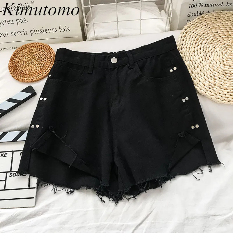 Kimutomo chic hong kong stijl jeans shorts vrouwen zomer hoge straat knoppen split zwart brede been denim shorts casual 210521