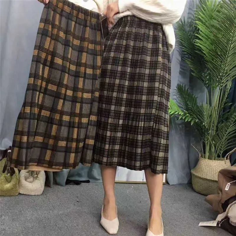 Women'S Skirt Winter Warm Long Skirts Office Ladies Plaid Pleated Skirt Korean Style Loose Elastic Waist Plus Size Skirt 210619