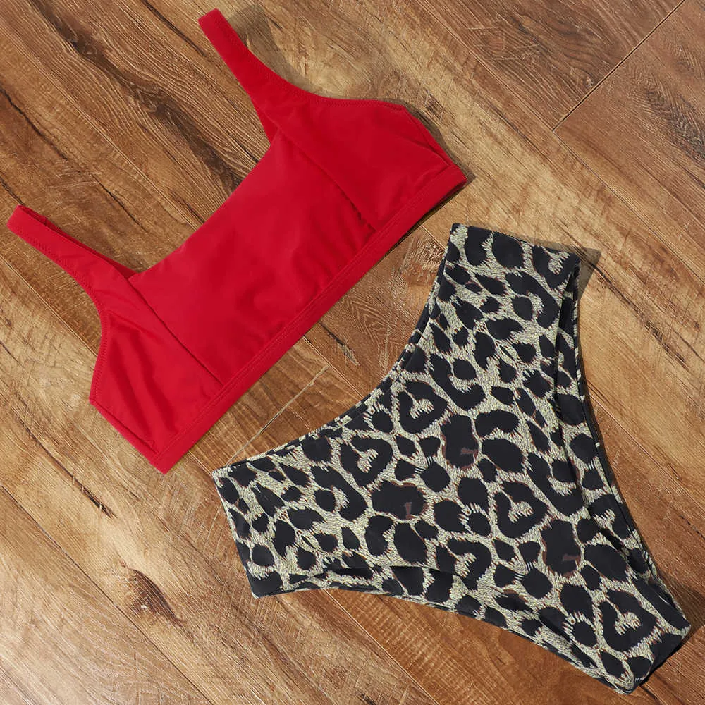 Sexy Bikini Leopard Badeanzug Hohe Taille Badeanzug Push Up Plus Size Beachwear Bandage Bademode Frauen Bandeau Biquini 210629