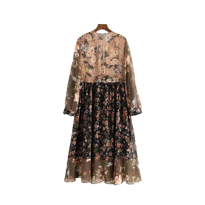 Mujeres vintage elegante estampado floral gasa midi vestido con cuello en v manga larga ver a través de elegantes vestidos de damas vestidos mujer 210507