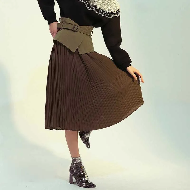Printemps plissé femmes longues jupes Patchwork faux deux pièces Mujer Faldas mode coréenne a-ligne Design vêtements 13A080 210525