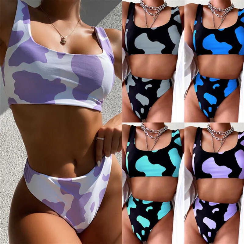 Gnim Yüksek Bel İnek Baskı Mayo Kadın Bikini Mujer Yaz Brezilyalı Mayo İki Adet Beachwear Mayo 210621