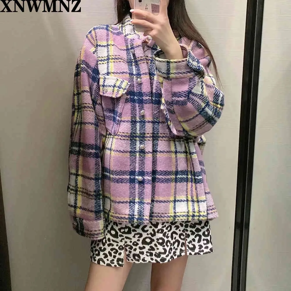women Fashion blend check shirt ladies Vintage Long cuffed sleeves patch pockets bejewelled buttons Female girls coats 210520