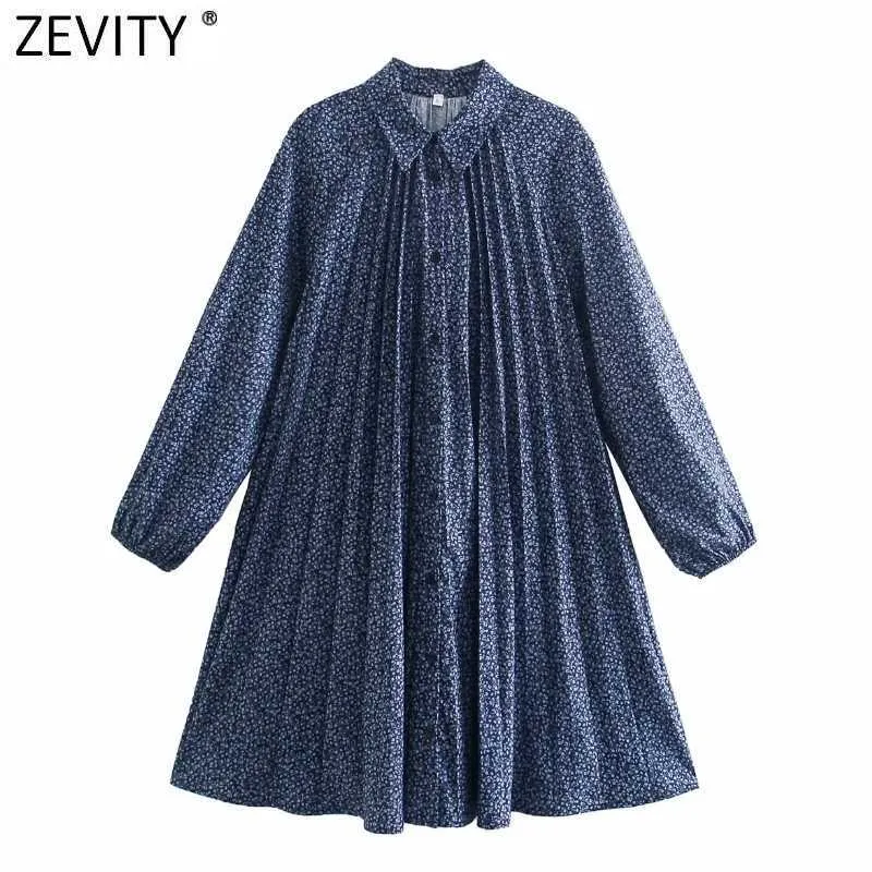 Zevity Women Vintage Floral Print Pleated Shirt Dress Femme Chic Turn Down Collar Casual Loose Business Mini Vestido DS5079 210603