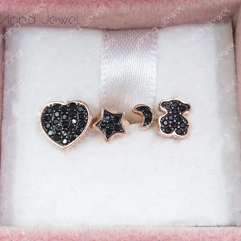 Urso Jóias 925 Brincos de Prata Esterlina para Mulheres Cute Charms Studs Conjuntos Partido de Casamento Presente de Aniversário Preto Symmetry Trendsetter Senhora Dia dos Namorados