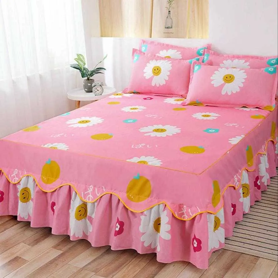 Jupe de lit taies d'oreiller rose princesse literie drap de lit corée couvre-lits lin pour filles housse de matelas avec taie d'oreiller F0173 210706