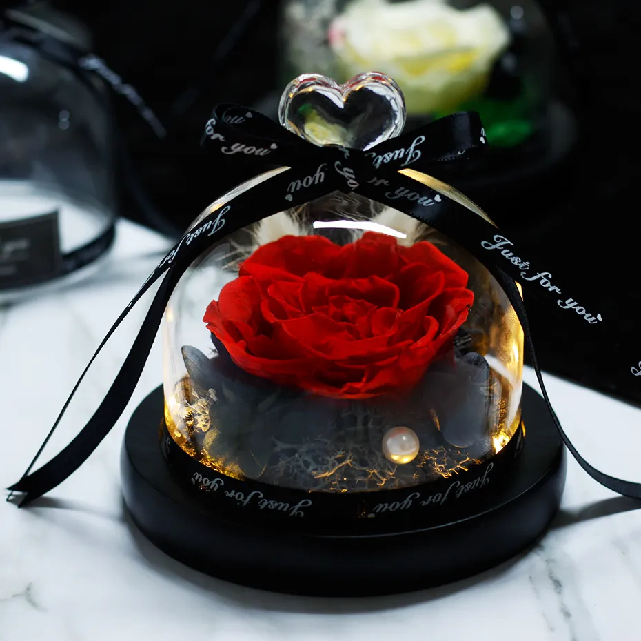 Flores secas naturales La belleza y la bestia Eternal Real Rose en la cúpula de cristal con el regalo de la decoración del hogar de la Navidad de la boda de San Valentín LED Regalo