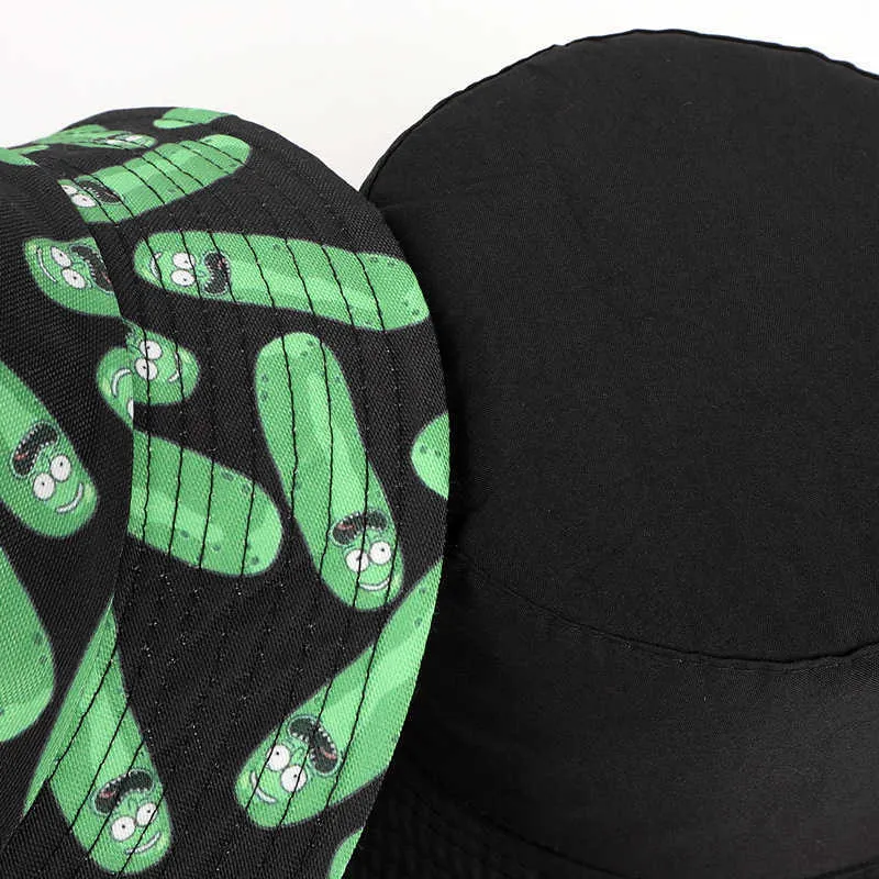 2021 New Pickle Rick Cotton New Bucket Hat Rick Fishing Cap US 애니메이션면 인쇄 피셔 인 밥 모자 태양 낚시 부니 모자 Q0805247C