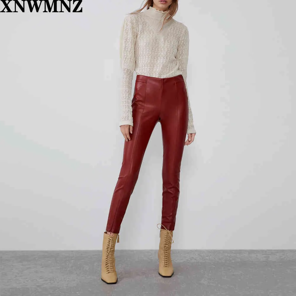 Autumn Women High Wasited Faux Leather Trousers Ladies Fall Wine Red Slim Fit Fleece PU Skinny Stretchable Pencil Pants 210520