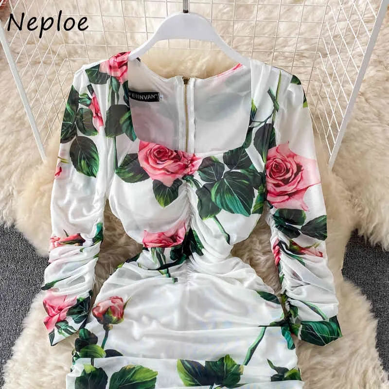 Neploe Square Collar Sexy Clavicle Exposed Kleid Frauen Vintage Print Böhmische Falte Vestidos Pullover Langarm Robe Frühling 210510