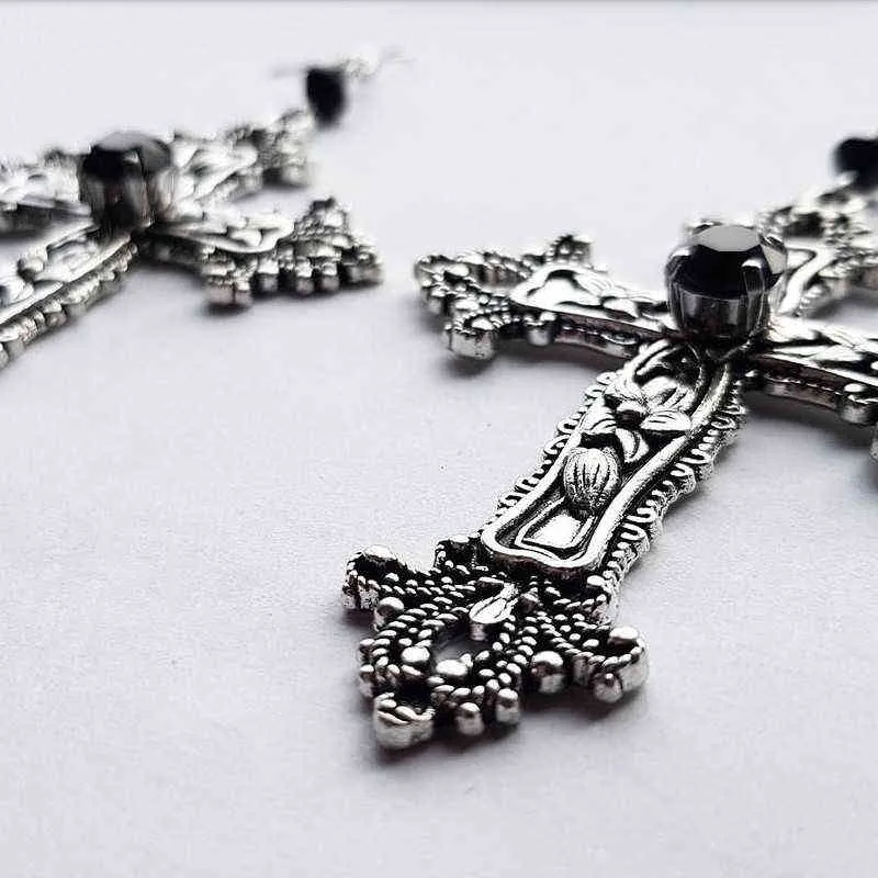 Goth Large Detailed Cross Black Drill Jewel Earrings Silver Color Gothic Punk Fashion Gorgeous Statement Women Gift G220312