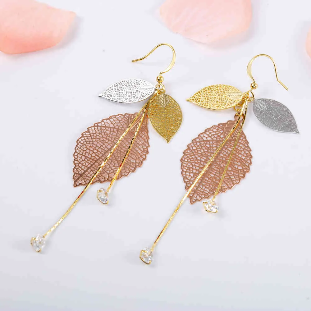 KIVN joyería de moda Boho filigrana hojas cuelgan gota de oro para mujeres niñas pendientes largos de borla