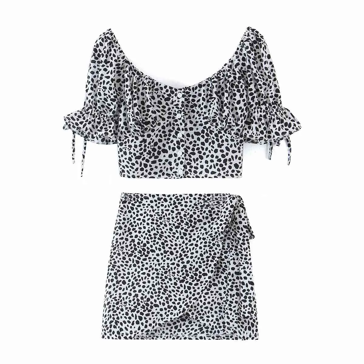 Leopard Print Women Summer Boho Dress Set Abiti Vintage Top Gonna Due pezzi Set coordinati Bianco Nero Mini 210427