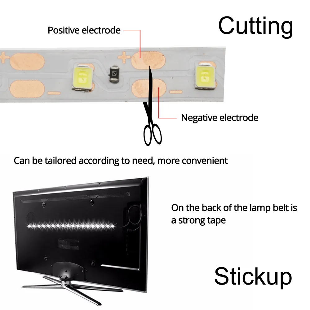 Lampada a striscia a LED USB 2835 SMD DC5V Nastro a nastro flessibile 2m 5m HDTV TV Desktop Screen RGB decorativo