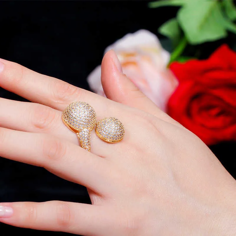 Justerbar storlek Micro Pave Cubic Zirconia Ball 585 Gold Fashion Ladies Engagement Finger Ringar för bröllopsfest R151 210714