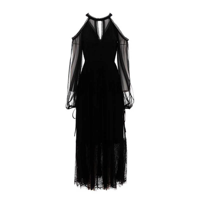 PERHAPS U Noir Manches Longues Épaule Froide Solide Lâche Midi Robe Halter Automne Dentelle D0643 210529