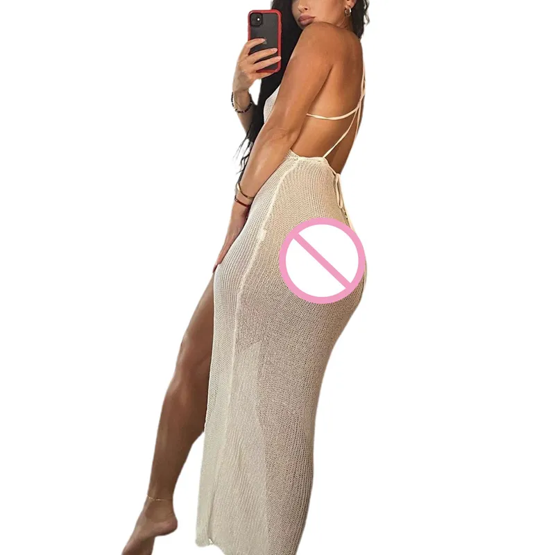 女性のドレスノースリーブの背中のないホルター中空アウトフィットとフレアバッグヒップハイウエストビッグオープンVネックスプリット衣料品210522
