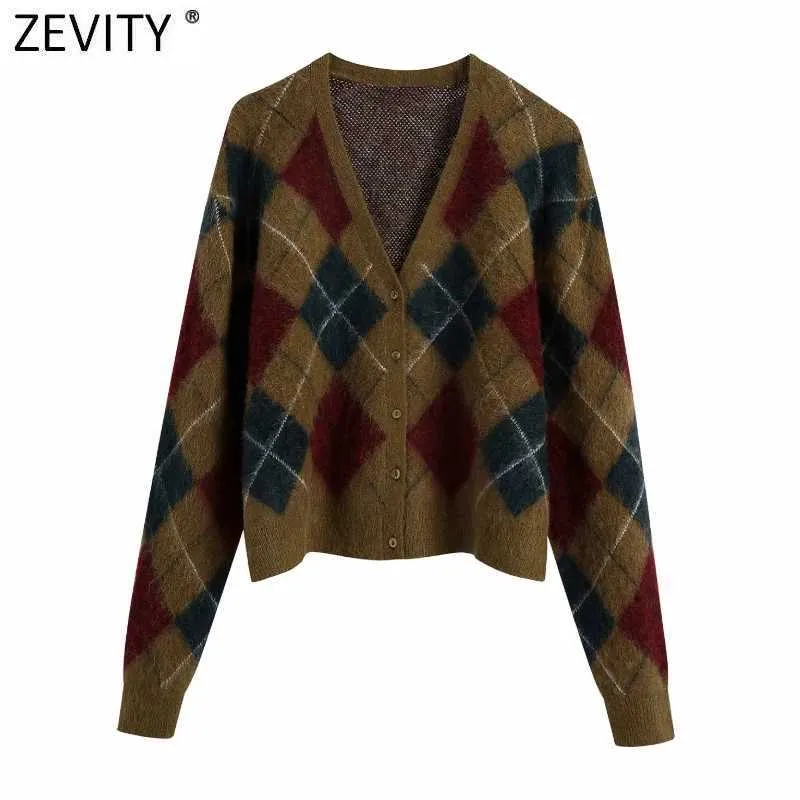 Zevity Femmes Vintage V Cou Motif Géométrique Cardigan Tricot Pull Dames Chic Simple Boutonnage Casual Rétro Tops S498 210603