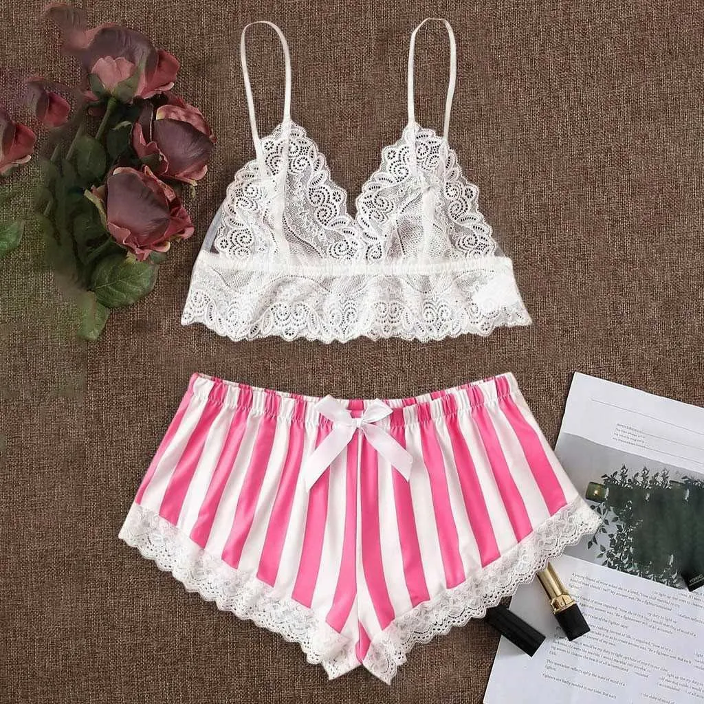 Sexy Women Satin Pajama Shorts Set Ladies Casual Lace Silk Camisole Bowknot Short Underwear Sleepwear lingerie femme A70 Q0706