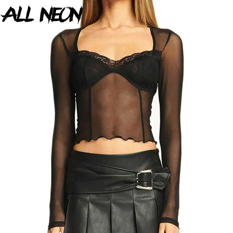 ALLNeon Fashion Y2K Lace Trim Mesh Crop Top 90s Estetica Patchwork Collo quadrato Manica lunga Bianco Sexy Tees Estate T-shirt Y0629